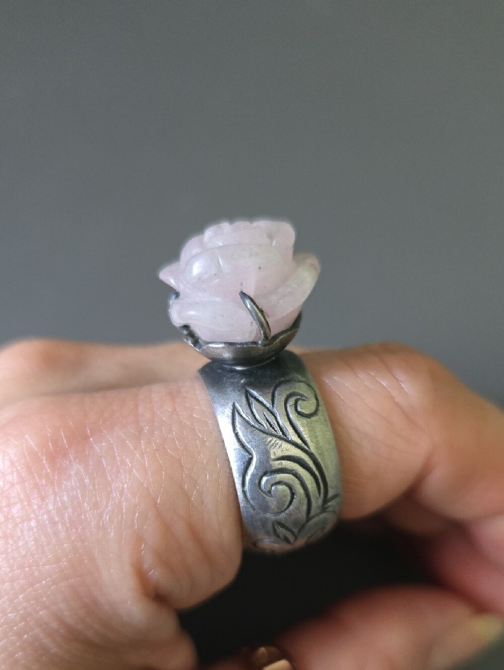 925 Silver Korean Traditional Band Ring Lavender Jade Carved Stone Ring - Picture 2 of 5